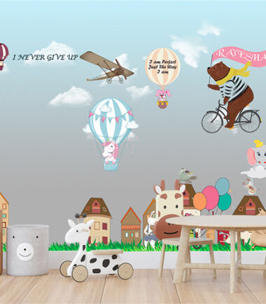 Hot Air Balloon Flying Animals Kids Wallpaper