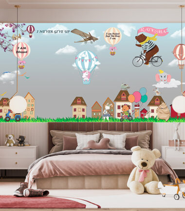 Hot Air Balloon Flying Animals Kids Wallpaper