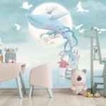 Whale and teddy bear nursery wallpaper with moon and birds
