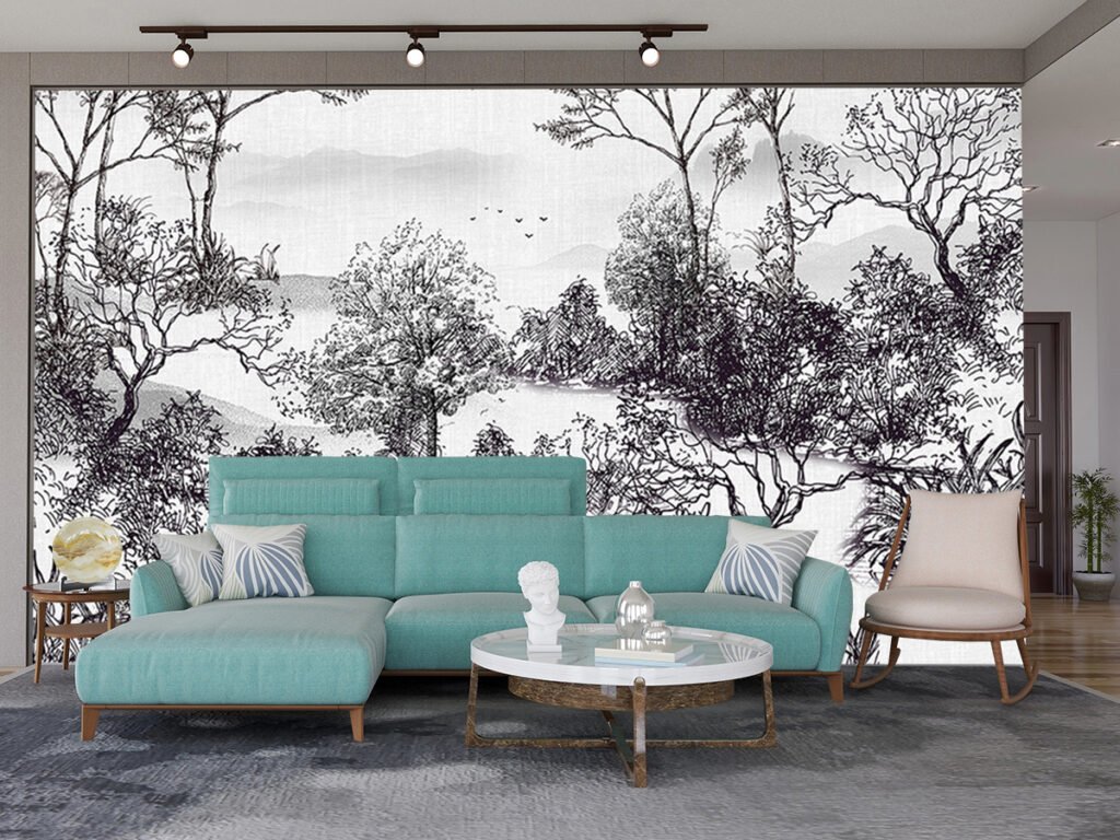 3D Hand Drawn Blue Floral Elephant Wall Mural