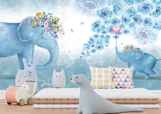 3D-Hand-Drawn-Blue-Floral-Elephant-Wall-Mural-Wallpaper-1