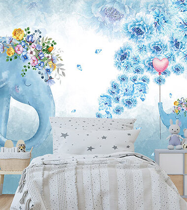 3D Hand Drawn Blue Floral Elephant Wall Mural