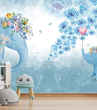 3D Hand Drawn Blue Floral Elephant Wall Mural