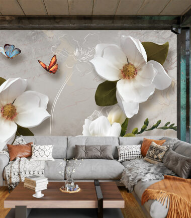 Magnolia Flower Butterfly Wall Mural Wallpaper