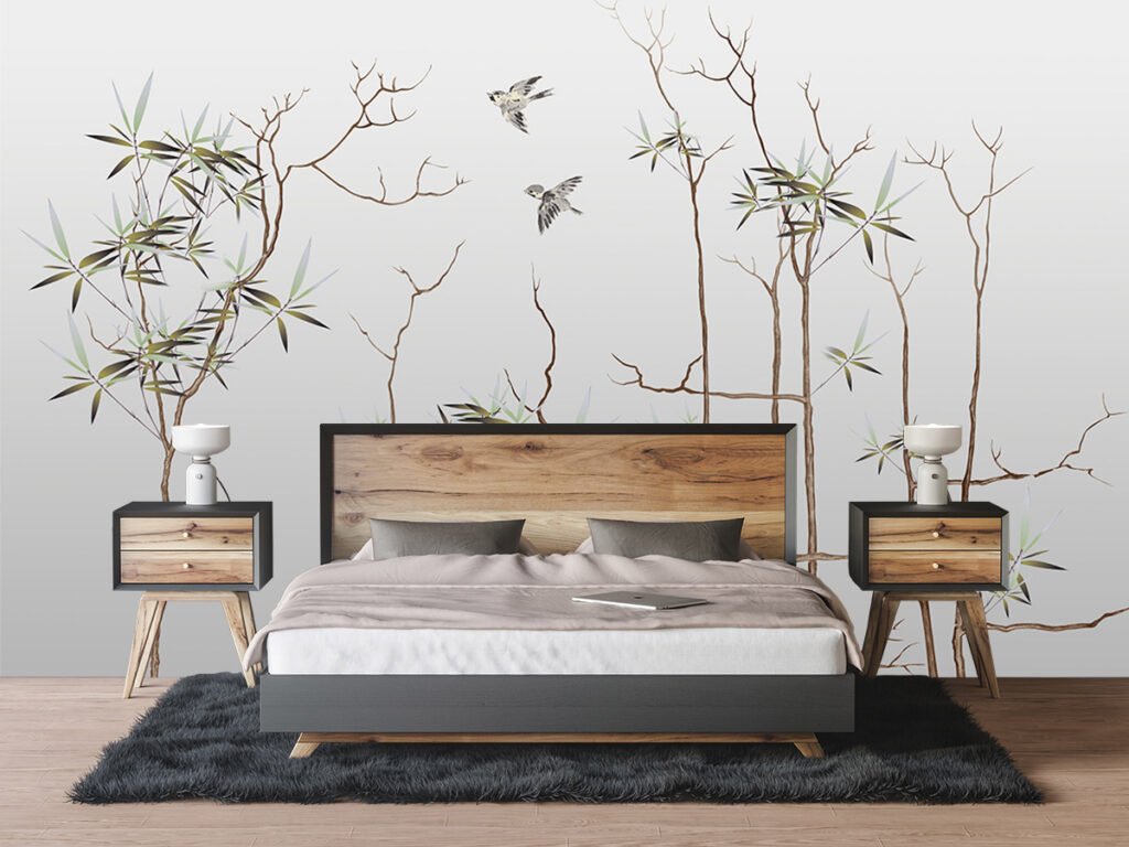 Bamboo and flying birds wallpaper for bedroom