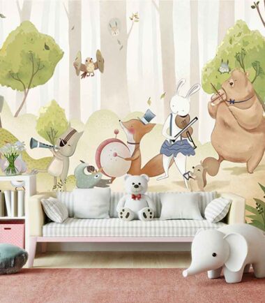 Cartoon Animals Music Concert Nursery Wallpaper