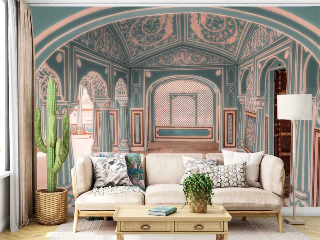 Luxury Moroccan arch wallpaper with ornate palace interior design