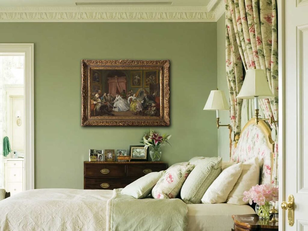 18th-Century Art Painting in ornate vintage frame displayed in an elegant bedroom
