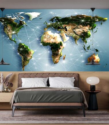 Wall Mural Digital World Map With Connection Lines Wallpaper