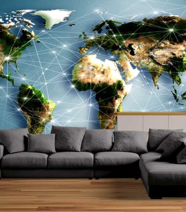 Wall mural digital world map with connection lines