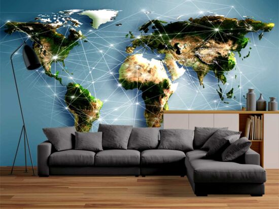 Wall mural digital world map with connection lines