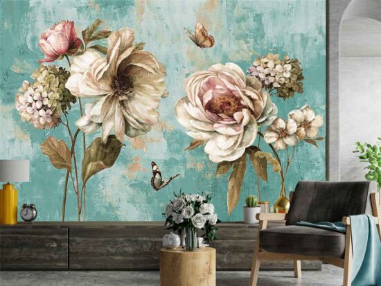 Blueish Fusion Art Floral Wallpaper