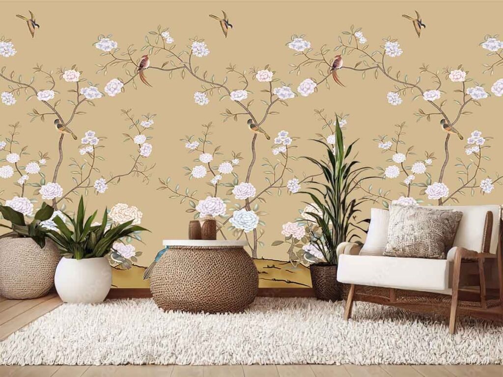 Beige floral bird wallpaper featuring delicate pink and white blossoms, flowering branches and small birds in a natural living room