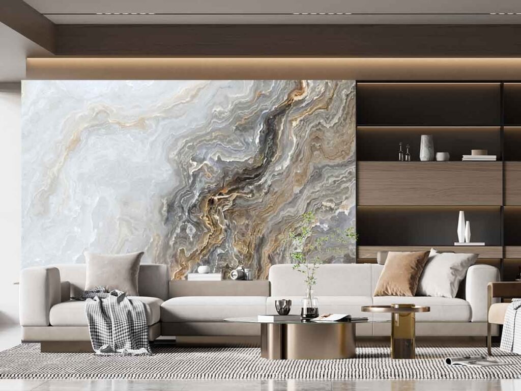 Grey marble wallpaper with dramatic flowing stone veins in charcoal, cream, beige and taupe behind a modern living room