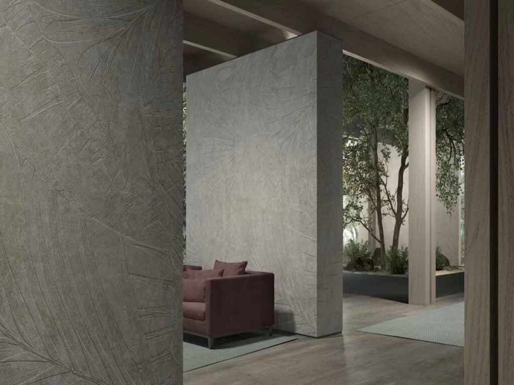 Textured grey abstract wallpaper with delicate etched lines creating a minimalist luxury feature wall in a modern interior