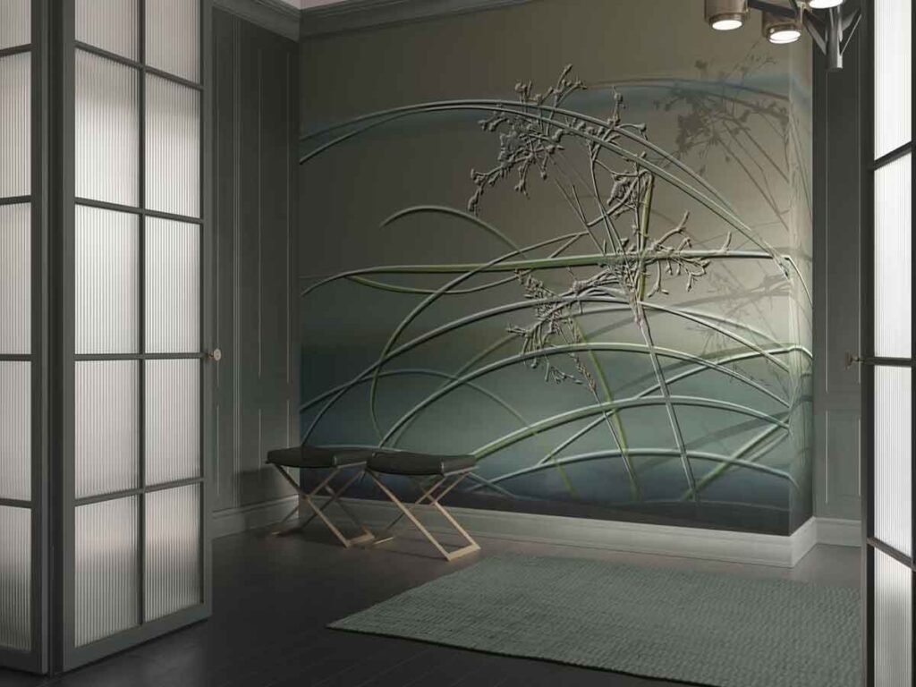 Dark green botanical mural wallpaper with flowing grass stems and delicate branches creating a luxurious modern feature wall