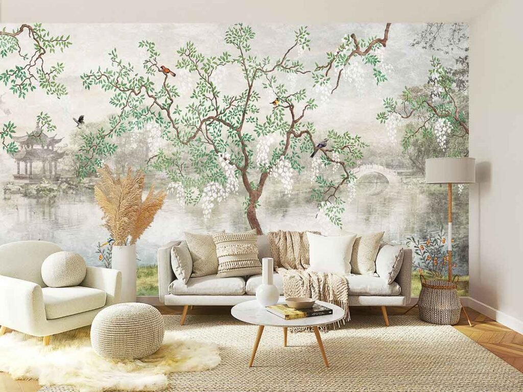 Nature tree wallpaper featuring green branches, small birds and a soft misty landscape behind a neutral living room