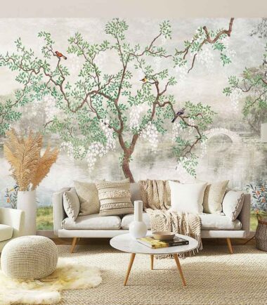 Misty Garden Tree Chinoiserie Wallpaper