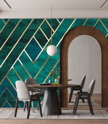 Morden Luxury Green and Golden Geometric Panels Wallpaper