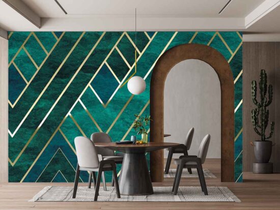 Morden Luxury Green and Golden Geometric Panels Wallpaper