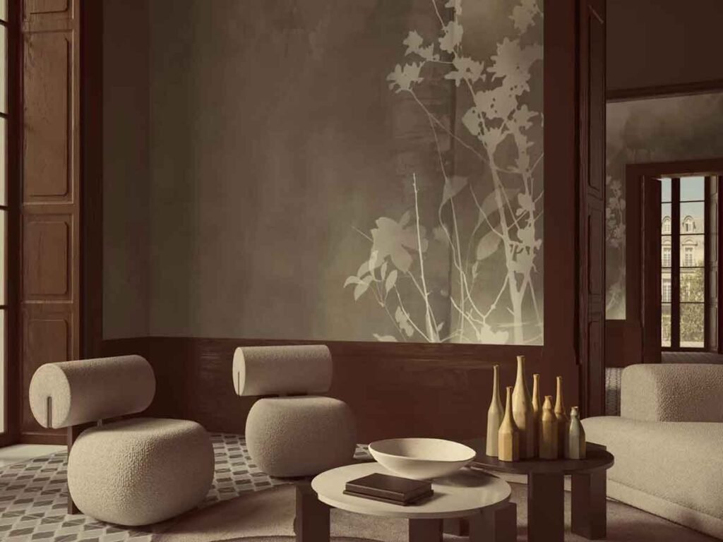 Luxury botanical textured wall mural wallpaper with earthy tones for modern interiors