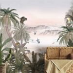 Tropical beach landscape wallpaper with palm trees, lush foliage, mountains, water and birds in soft natural colours