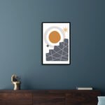 Abstract sun and mountain wall frame with geometric landscape design for modern home décor