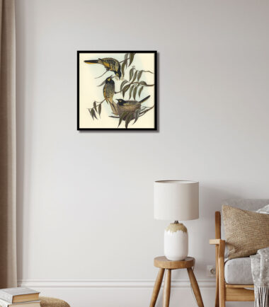 Embrace the harmonious beauty of the Harmonious Nesting Trio wall frame. Against a tranquil backdrop of a dull yellow hue, a meticulously crafted bird's nest rests upon a sturdy branch.