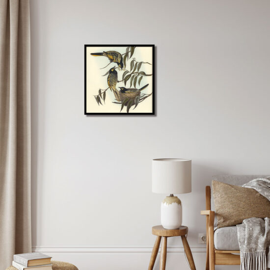 Embrace the harmonious beauty of the Harmonious Nesting Trio wall frame. Against a tranquil backdrop of a dull yellow hue, a meticulously crafted bird's nest rests upon a sturdy branch.