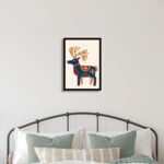 Colorful reindeer wall frame with decorative blue deer and golden antlers for kids room and modern home décor
