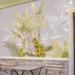 Tropical floral exterior wallpaper with leaves and colourful flowers