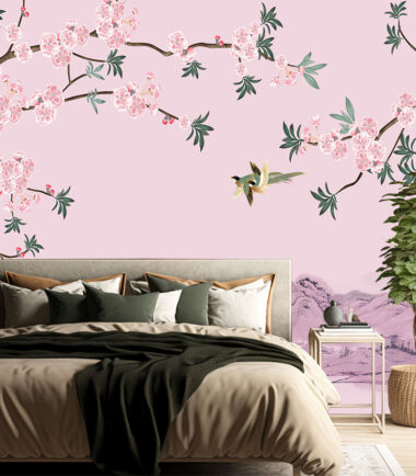 Pink Flower Branches Hand Painted Wallpaper