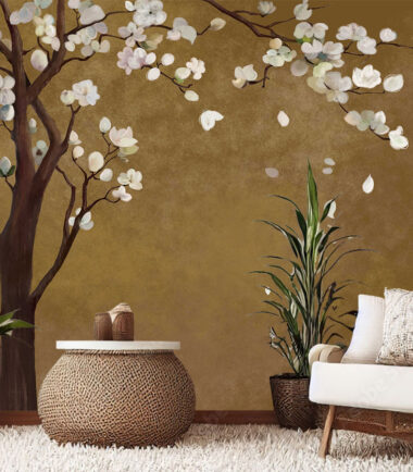 Chinoiserie white blossom floral tree wallpaper