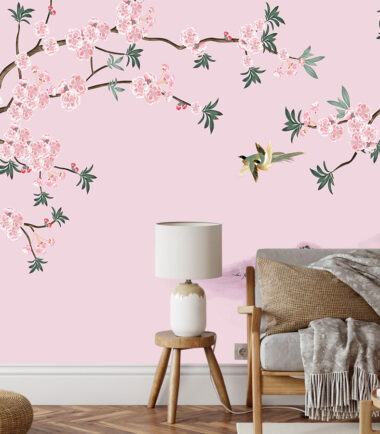 Pink Flower Branches Hand Painted Wallpaper