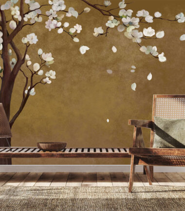 Chinoiserie white blossom floral tree wallpaper