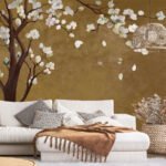 Chinoiserie white blossom floral tree wallpaper