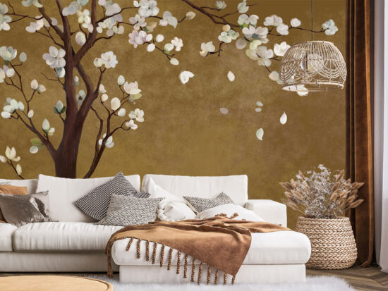 Chinoiserie white blossom floral tree wallpaper