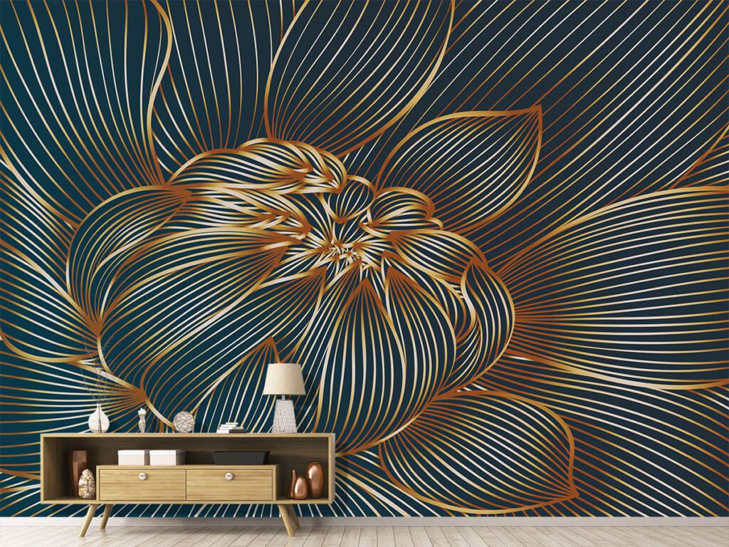 Luxury floral wallpaper featuring an oversized gold line flower on a deep navy background