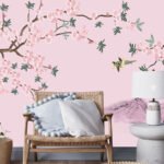 Pink Flower Branches Hand Painted Wallpaper