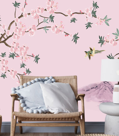 Pink Flower Branches Hand Painted Wallpaper