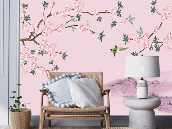 Pink Flower Branches Hand Painted Wallpaper