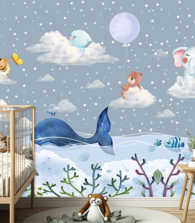 Cartoon Clouds and Stars Nursery Wallpaper