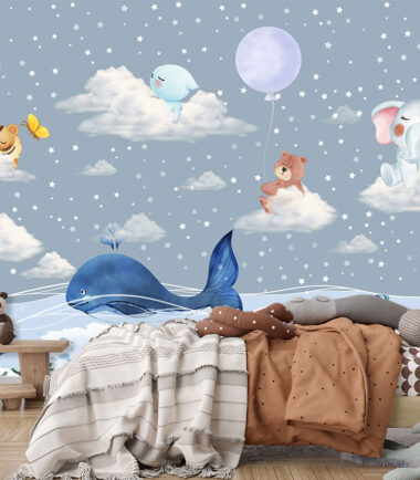 Cartoon Clouds and Stars Nursery Wallpaper