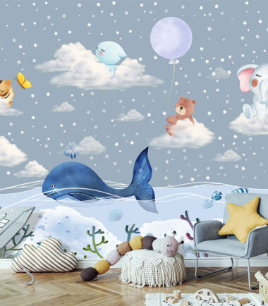 Cartoon Clouds and Stars Nursery Wallpaper