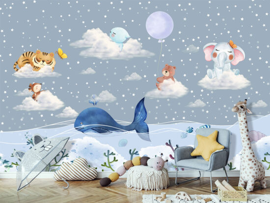 Cartoon Clouds and Stars Nursery Wallpaper