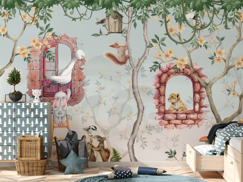 Woodland animal wallpaper for kids featuring squirrels, rabbits, birds, trees and flowers