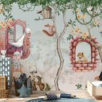 Woodland animal wallpaper for kids featuring squirrels, rabbits, birds, trees and flowers