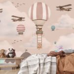 Hot air balloon wallpaper for kids featuring vintage airplanes, balloons, clouds, birds and cute animals
