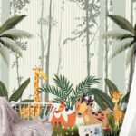 Giraffe wallpaper for kids featuring cute giraffes, foxes, deer and tropical jungle foliage