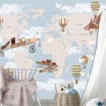 World map wallpaper for kids featuring vintage airplanes, hot-air balloons and countries